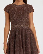 Brown Embellished Cap Sleeve A Line Dress